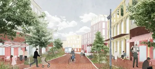 An artist's impression showing a modern, sustainable housing development with low-bill homes, integrated green spaces, and tree-lined walking paths.