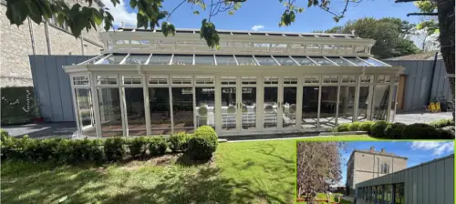 Glazed Ultraframe SkySpace extension at historic Bellinter House Hotel in County Meath, Ireland.