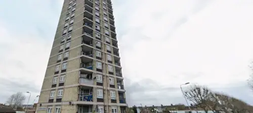 Jacobs House tower block in Plaistow, East London, where five-year-old Aalim Ahmed died after falling from a 15th-floor window.